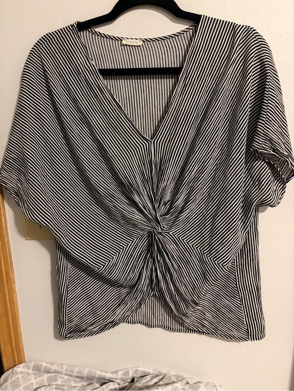 Striped V-Neck Twist Front Top - Black & White